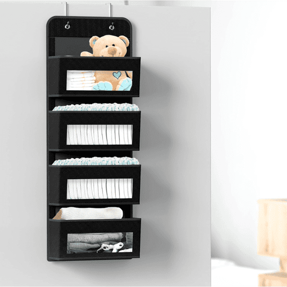 Over Door Hanging Organizer with 4 Clear Pockets, Space Saving Storage for Bedroom, Bathroom & Pantry, Black
