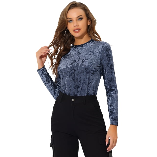 INSPIRE CHIC Camiseta casual de manga larga con cuello redondo y parte superior de terciopelo para mujer Gris azul L