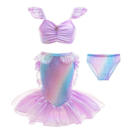 Toddler Girls Swimsuits Spring Summer Fish Scale Print Sunscreen Strappy Bra And Panty Set Beach Quick Drying Three Piece Bikinis Swimwears Sportwear Purple 3-4 Years