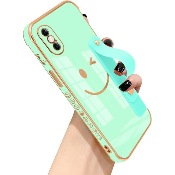 Compatible with iPhone Xs Max Case for Women Girls,TPU Cute Plating Smiley Face Pattern Wristband Holder Case Camera Lens Protection Side Small Pattern Shockproof Wrist Strap Case-White