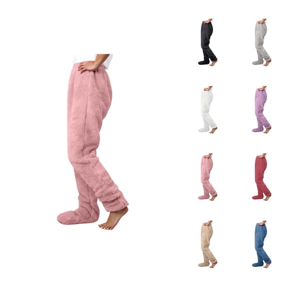 Footed Pajama Pants for Women 2026 Winter Warm Soft Fluffy Pj Pants Lounge Bottoms Sleepwear