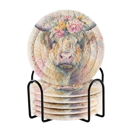 6 Pcs Drink Coasters with Holder 3.94in Woven Coasters for Drinks Watercolor Highland Cow Coaster Set for Protection Table