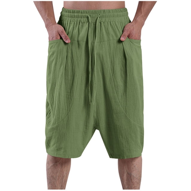 cfhntfmh Linen Shorts for Men Cotton Elastic Waisted Drawstring Shorts Loose Wide Leg Workout Running Activewear Shorts