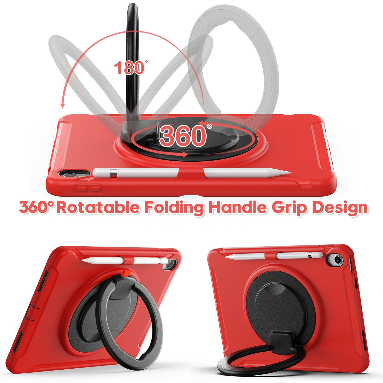 TECH CIRCLE for Apple iPad 10th Generation Case 10.9 inch 2022,360 Rotation Stand Heavy Duty Shockproof Rugged Soft Silicone Protective Case with Pencil Holder for Kids Girls Women,Red