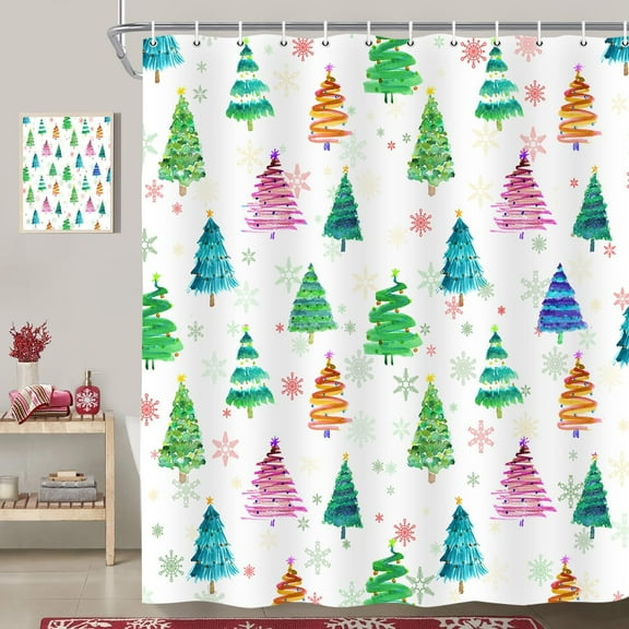 Christmas Tree Shower Curtain, Winter Colorful Cartoon Xmas Tree Cute New Year Hoilday Bath Curtain Decor, Waterproof Bathroom Accessory, Christmas Gift