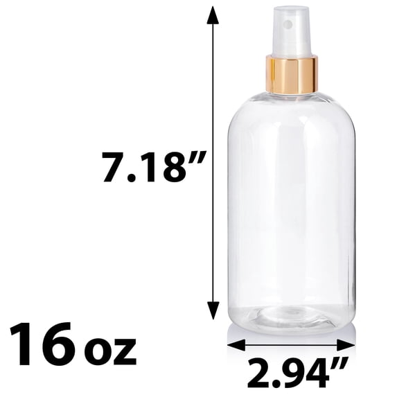 Clear Plastic PET Boston Round Bottle with Gold Fine Mist Sprayer (12 Pack)