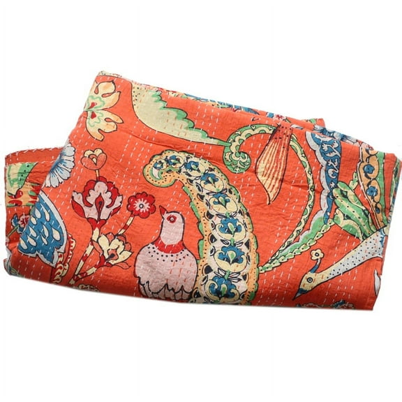 Indian Bird Print Kantha Quilt Queen Size Orange Handmade Kantha Bed Cover Throw Reversible Blanket Bedding Pure Cotton Throw