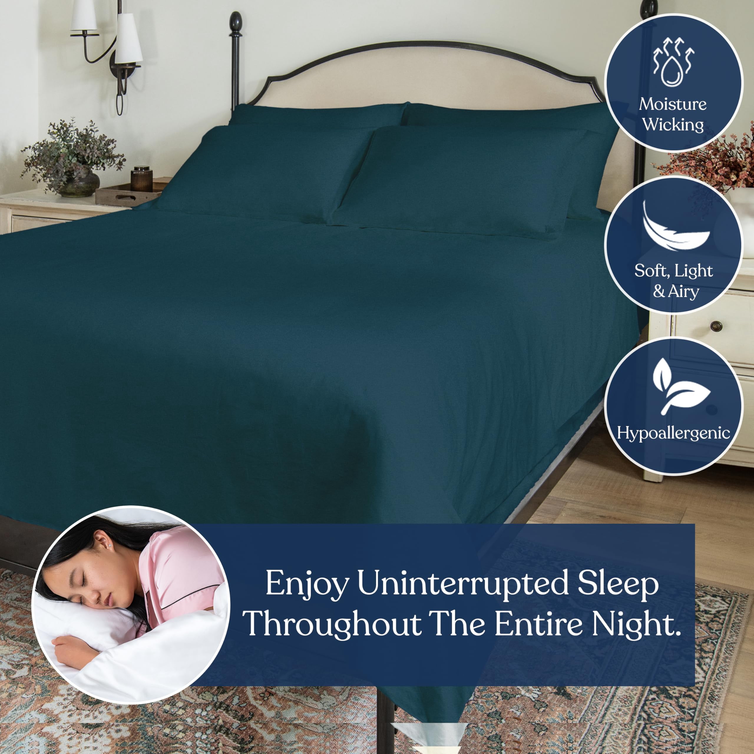 Delara Full Organic Cotton Percale Sheets, 400 TC, Soft Breathable Smooth Bedding, Midnight Blue, 3-Piece No Flat Sheet, GOTS Certified