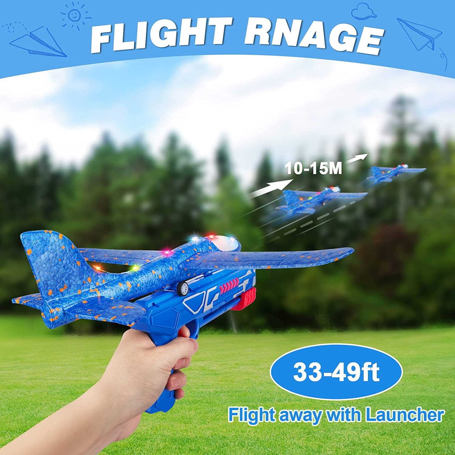 Allaugh 3 Pack Airplane Launcher Toy, 12.6" Foam Glider LED Plane, 2 Flight Mode Catapult Airplane Boy Toys for 4-12 Kids Outdoor Flying Toys Gifts, Red, Orange, Blue