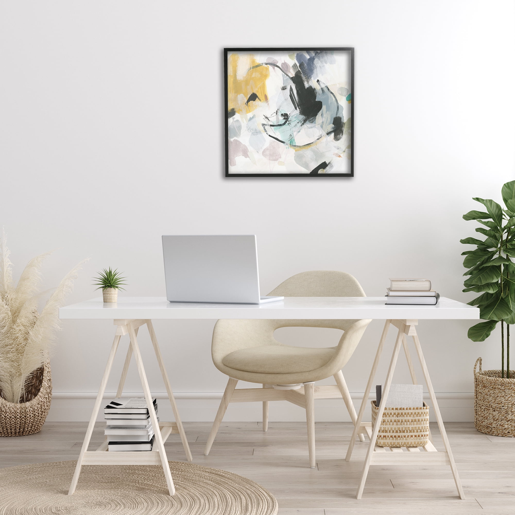 Stupell Industries Yellow & Neutral Abstraction Abstract Painting Black Framed Art Print Wall Art, 24 x 24