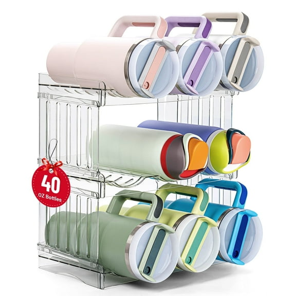 Water Bottle Organizer Holder for Stanley Cup Accessories, Fridge Kitchen Cabinet Organizer and Storage for Meoky 40 oz Tumbler with Handle, Stackable Plastic Travel Mug Cup Rack Gifts, 3Pack