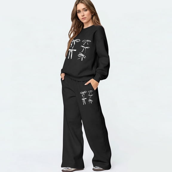 Bow Matching Sweat Sets for Women Bow Outfits Bow Sweatsuit Bow Hoodie Set Sweatsuits Women 2 Piece Outfit Bow Detail Hoodie & Wide Leg Sweatpants Casual Matching Sweat Set, Black L