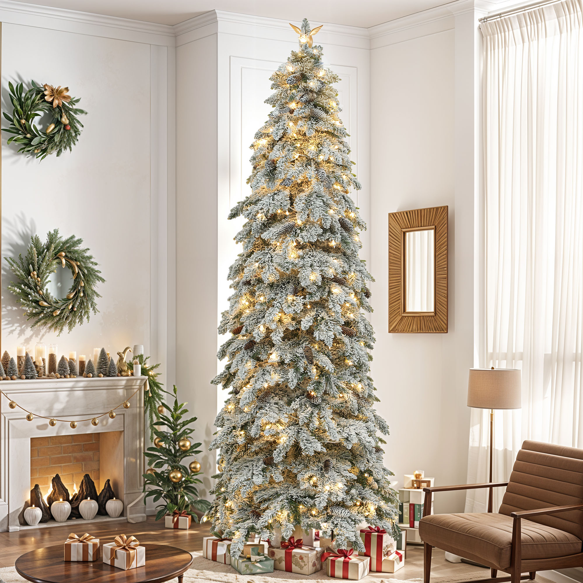 Uforic 11ft Pre-lit Flocked Pencil Spruce Christmas Tree with 2288 Branch Tips,700 Lights,72 Pine cones, Remote Control, 11 Light Modes, White Flocked