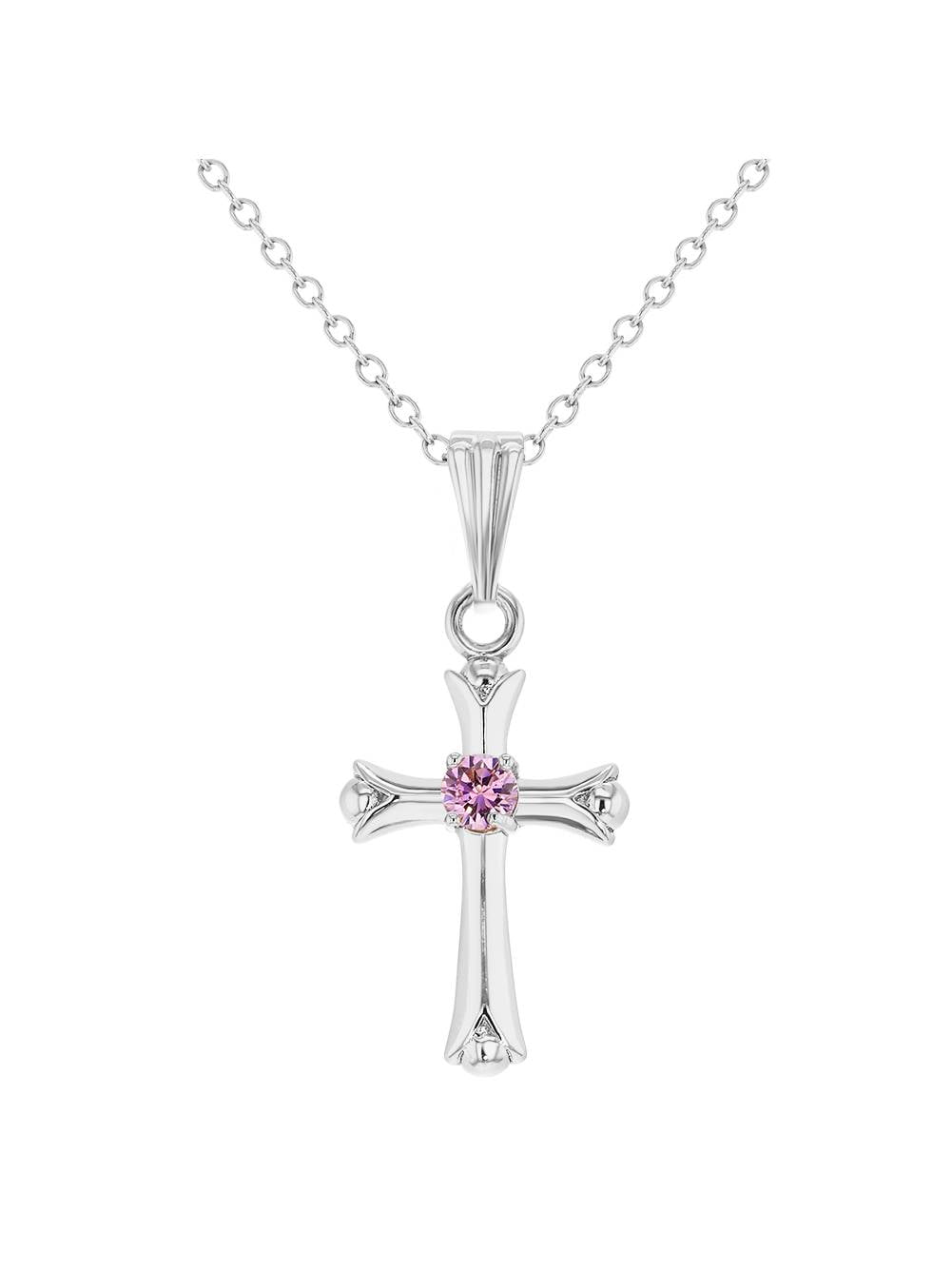 In Season Jewelry Rhodium Plated Small Girls Pink Crystal Plain Cross Pendant Necklace 16'