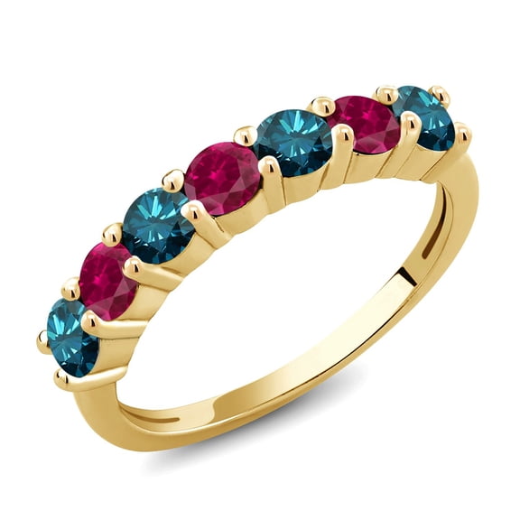 Gem Stone King 18K Yellow Gold Plated Silver Round Blue Diamond Red Created Ruby Anniversary Ring for Women (1.35 Cttw, Gemstone Birthstone, Size 7) (Size 7)