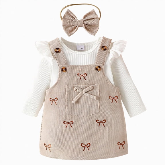 felwors Toddler Baby Girl Outfits Long Sleeve Ribbed T-Shirt Bow Overall Dresses Suspender Skirt Set Spring Clothes(White,1-3 Months)