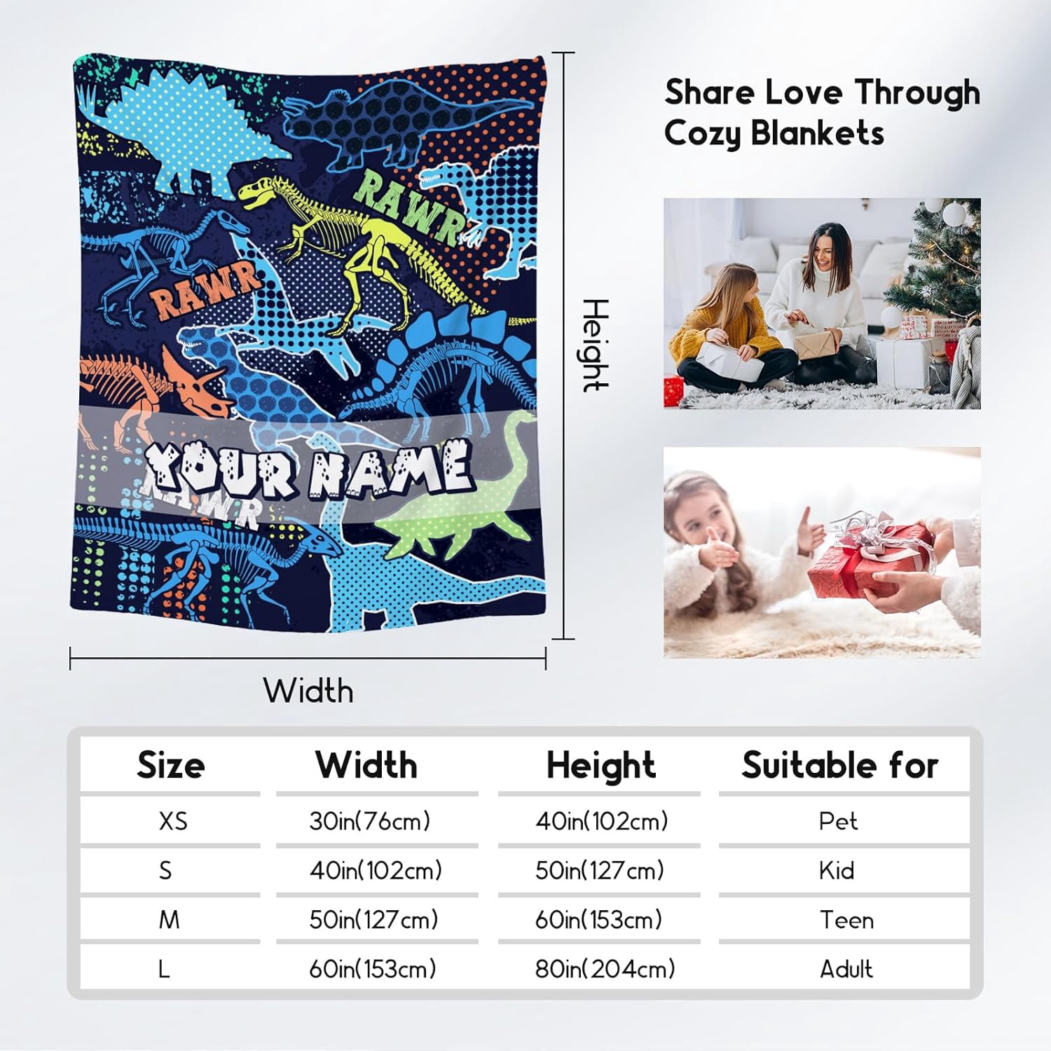 Custom Dinosaur Blanket with Name for Boys, Personalized Dinosaur Gifts for Boys Kids, 60"x80" Kids Blankets for Boys Son, Dinosaur Throw Blanket for Living Room, Soft Fluffy Throw Blanket
