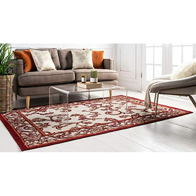 Unique Loom Botanical Collection Coastal, Bohemian, Floral, High-Low Pile, Indoor and Outdoor Area Rug, 6 0 x 9 0 Rectangular, Beige/Burgundy