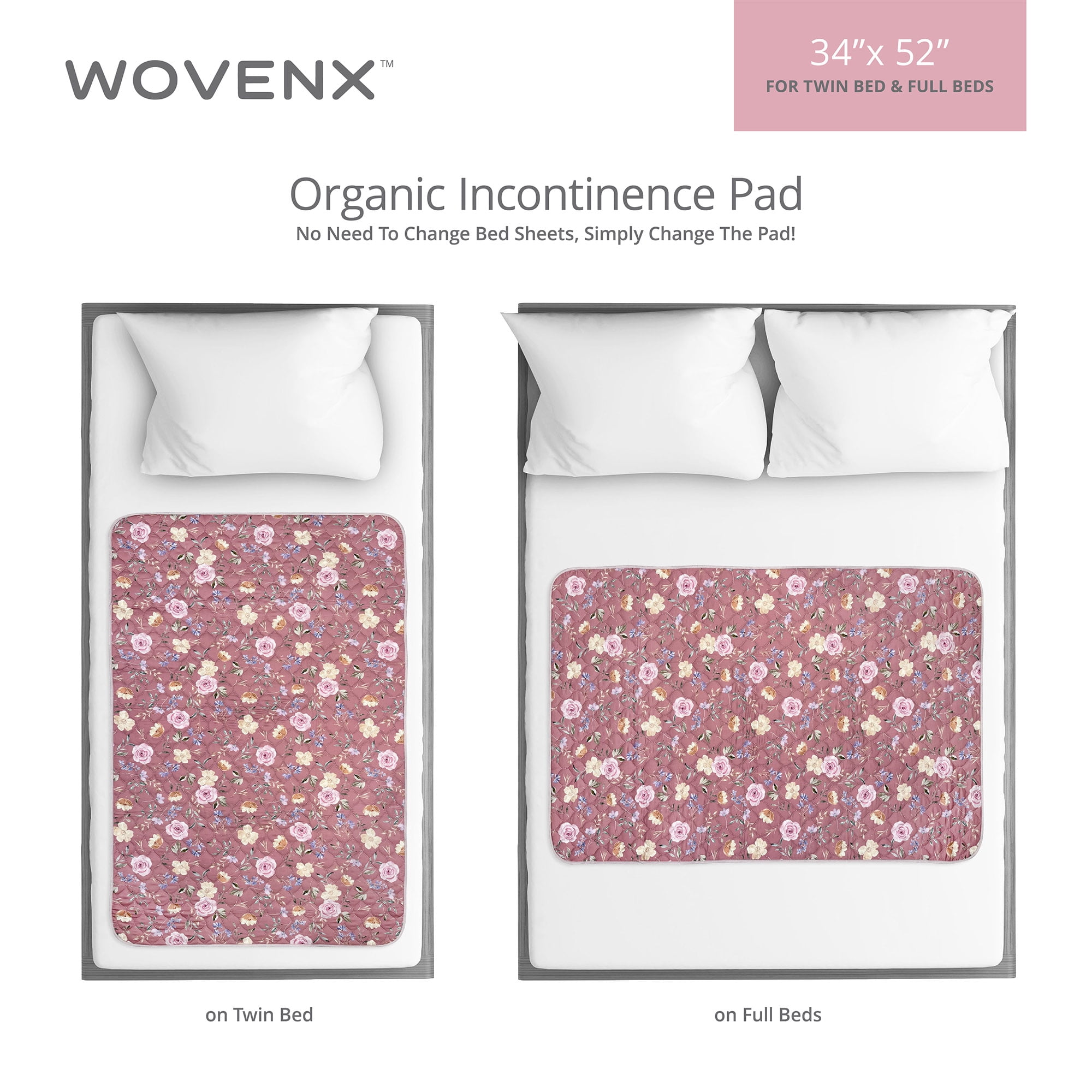 WOVENX Organic Incontinence and Period Pads for Adults - 5 Layer Waterproof Protectors for Overnight Period Wetting - Reusable & Washable Pads - Fits Twin to Full Size Beds - 34" x 52" Flower
