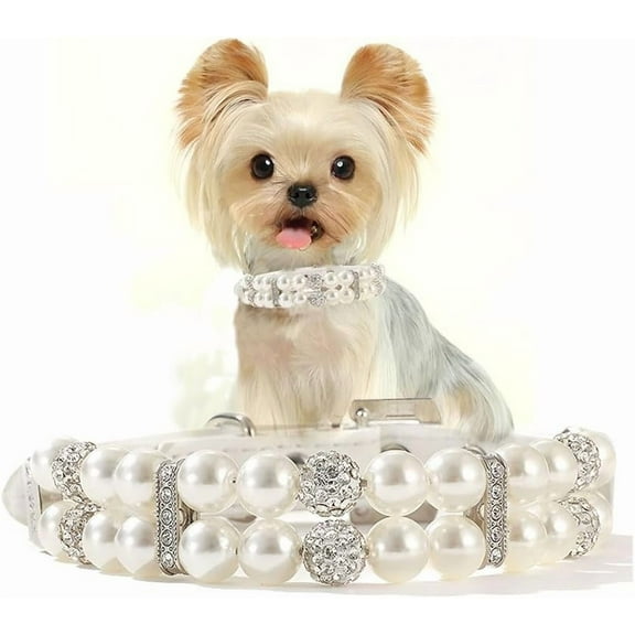 Pearl Dog Collars for Small Dogs, Bling Rhinestone Cat Necklace Cute Crystal Puppy Collars for Small Medium Female Dogs Girl Kitten, Diamond Pet Jewel for Wedding Birthday Party Gift 1Pack