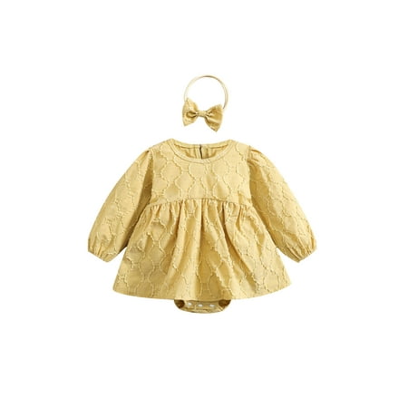 

Huakaishijie Toddler Baby Girls Cute Romper Dress Wavy Pattern Textured Skirt Hem Bodysuit and Hairband
