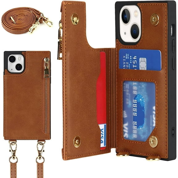 Crossbody Wallet Case for iPhone 14 Plus with Card Slot Holder,iPhone 14 Plus Magnetic Flip Folio Purse Case, PU Leather Zipper Handbag with Detachable Lanyard Strap 6.7 Inch (Brown)