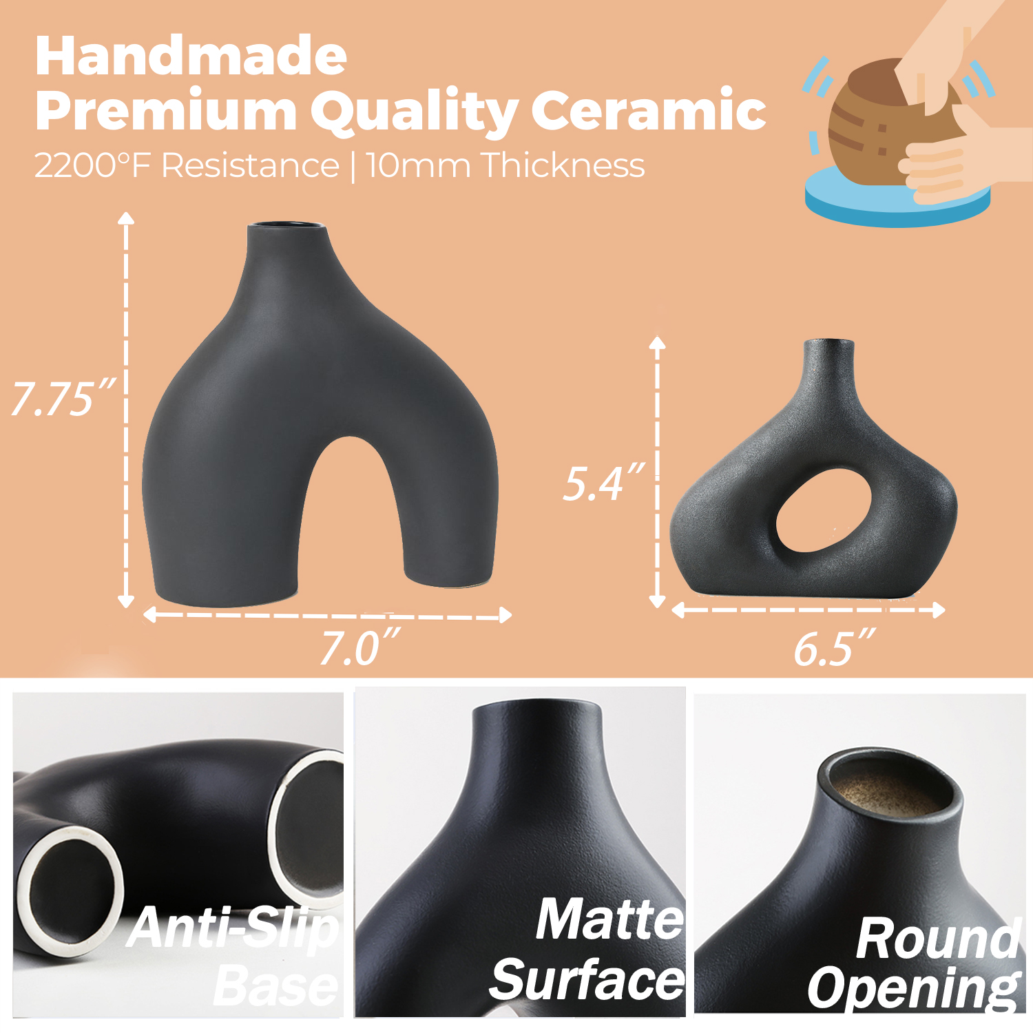 Felhcc Black Ceramic Vase Set of 2, Modern Farmhouse photo 5