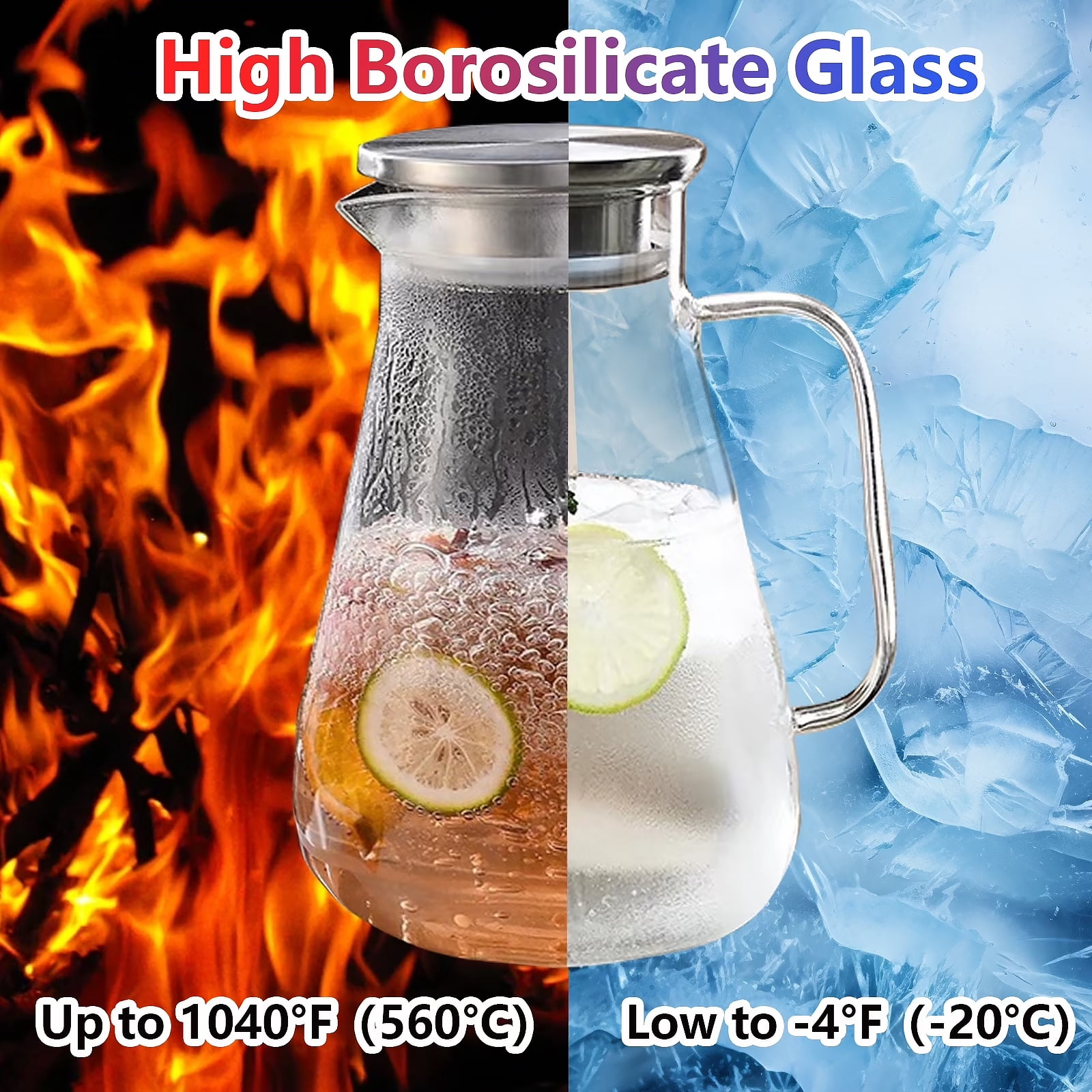 WhiteRhino 68oz Glass Pitchers with Stainless Steel Lid and Spout, Clear Glass Cold Water Pitcher for Beverage, Coffee,Juice,Sun Tea