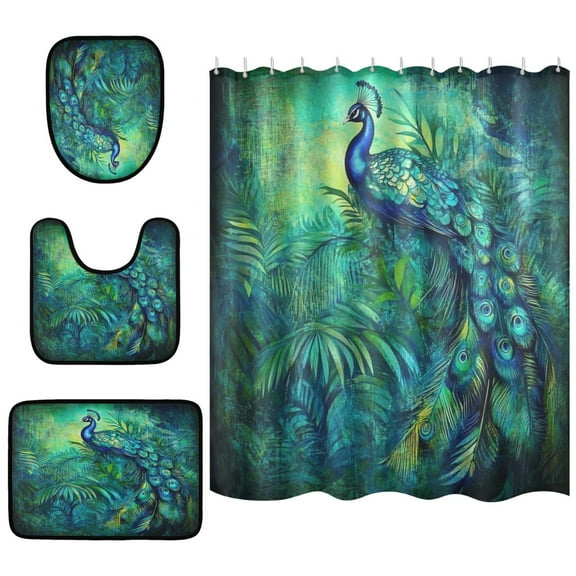 Elegant Peacock in Green Bathroom Accessory Curtain Sets Bath Curtain Anti-Slip Mats and Toilet Pad 66x72in