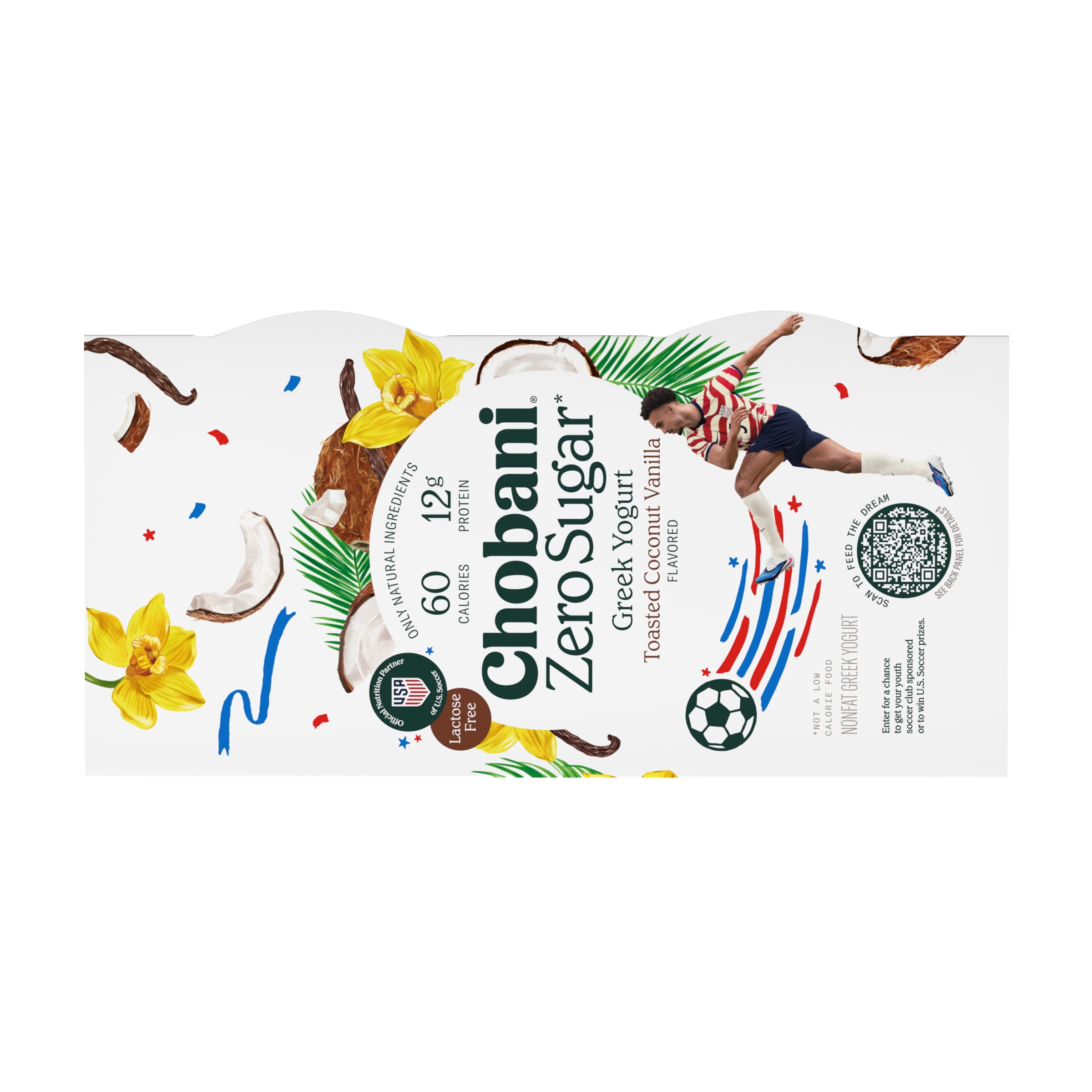 Chobani Zero Sugar Non-Fat Greek Yogurt Toasted Coconut Vanilla 5.3 oz Cup, 4 Pack