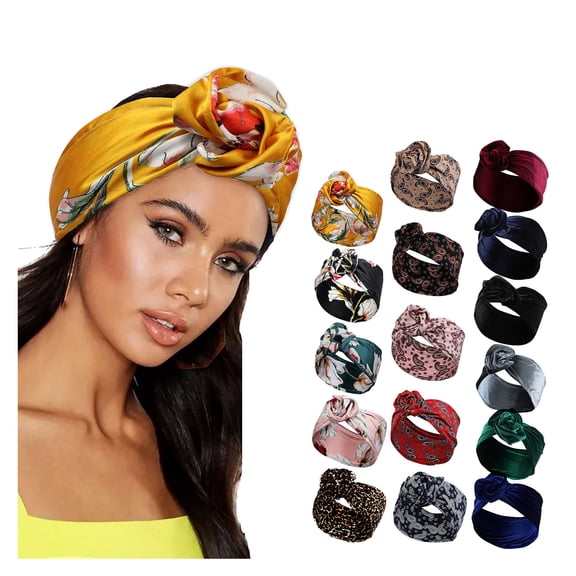 CAIXIA Flower Leopard Print Knotted Elastic Headband Boho Wide Stretch Hair Wrap For Girls Womens Yoga Fashion