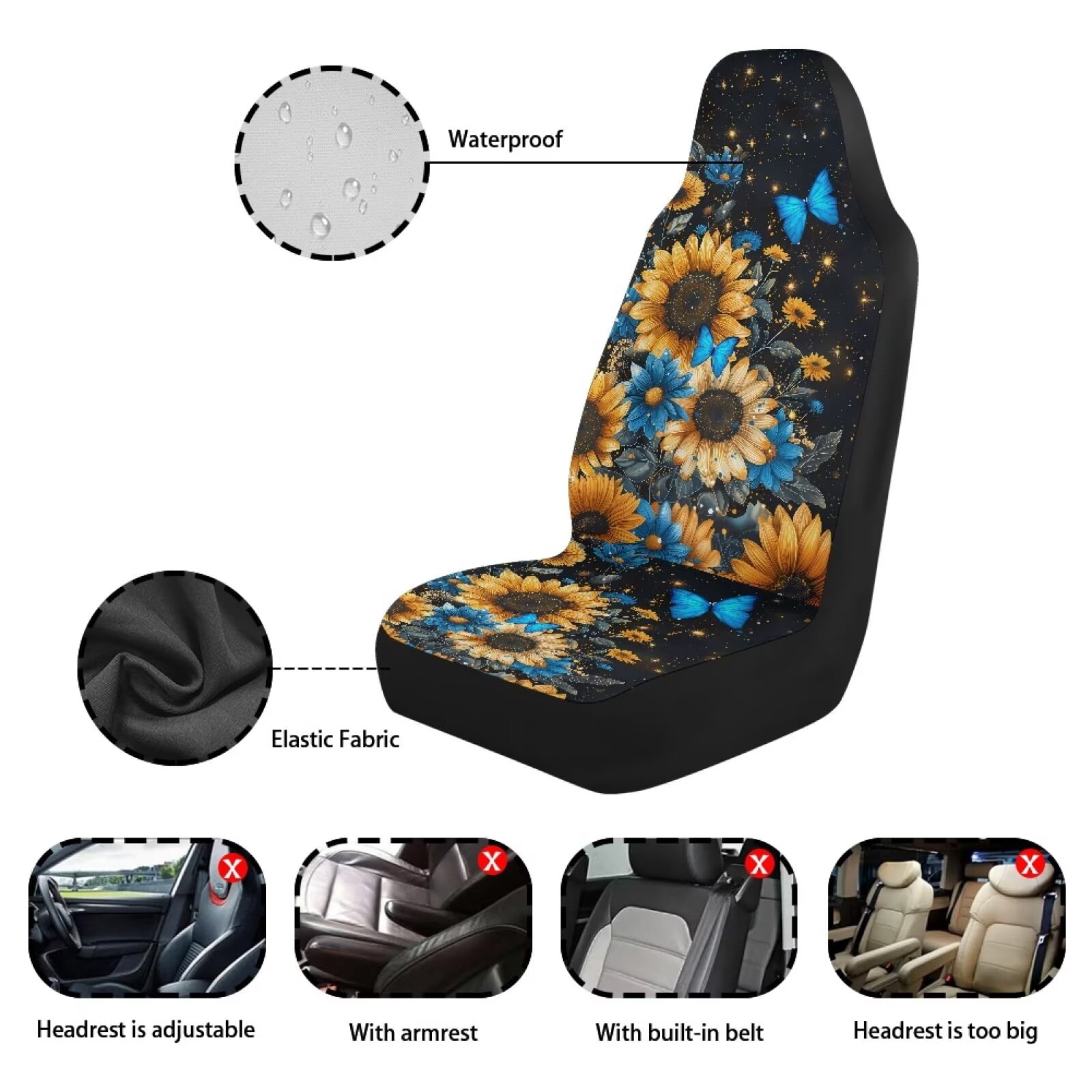 Uorisanigo Car Seat Covers Waterproof Blue Butterfly Sunflower Car Seat Cover for Front Seats Set of 2 Anti-Slip Back Fabric Easy to Install and Clean Universal for Auto Truck Van SUV