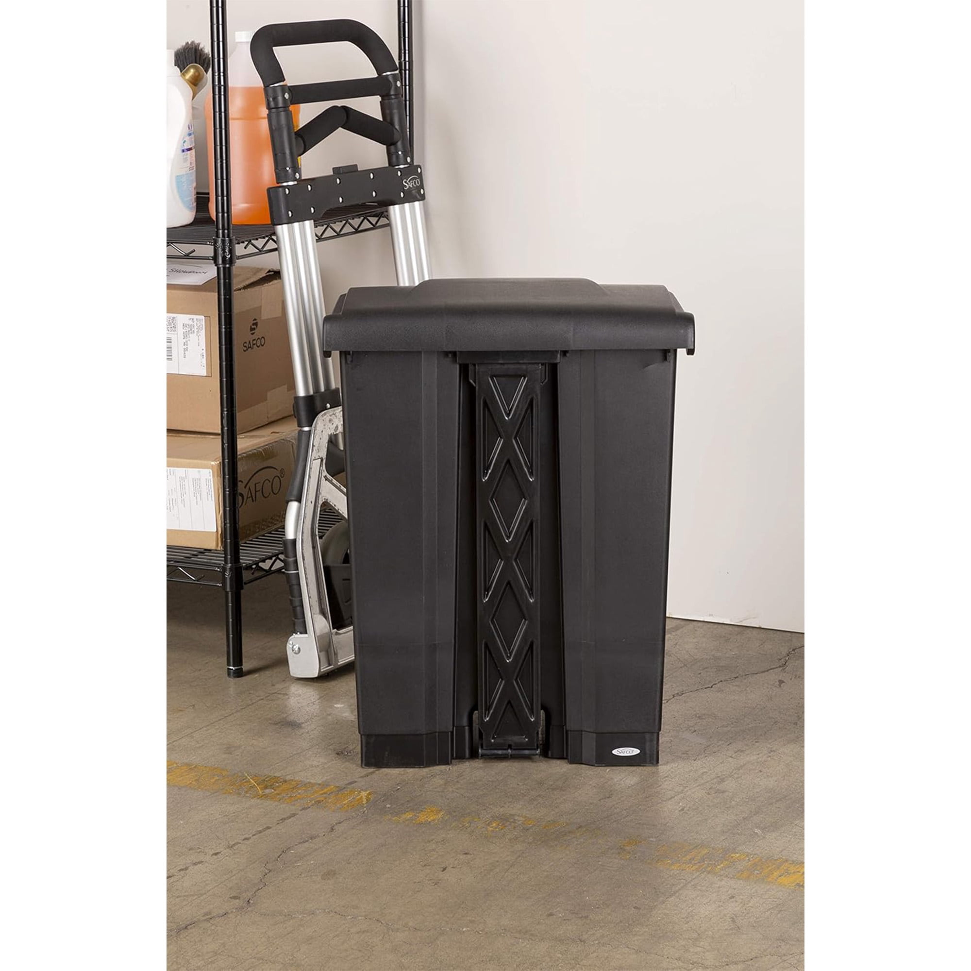 Safco Hands Free Plastic Step-On Receptacle Trash Can - 23 Gallon in Black