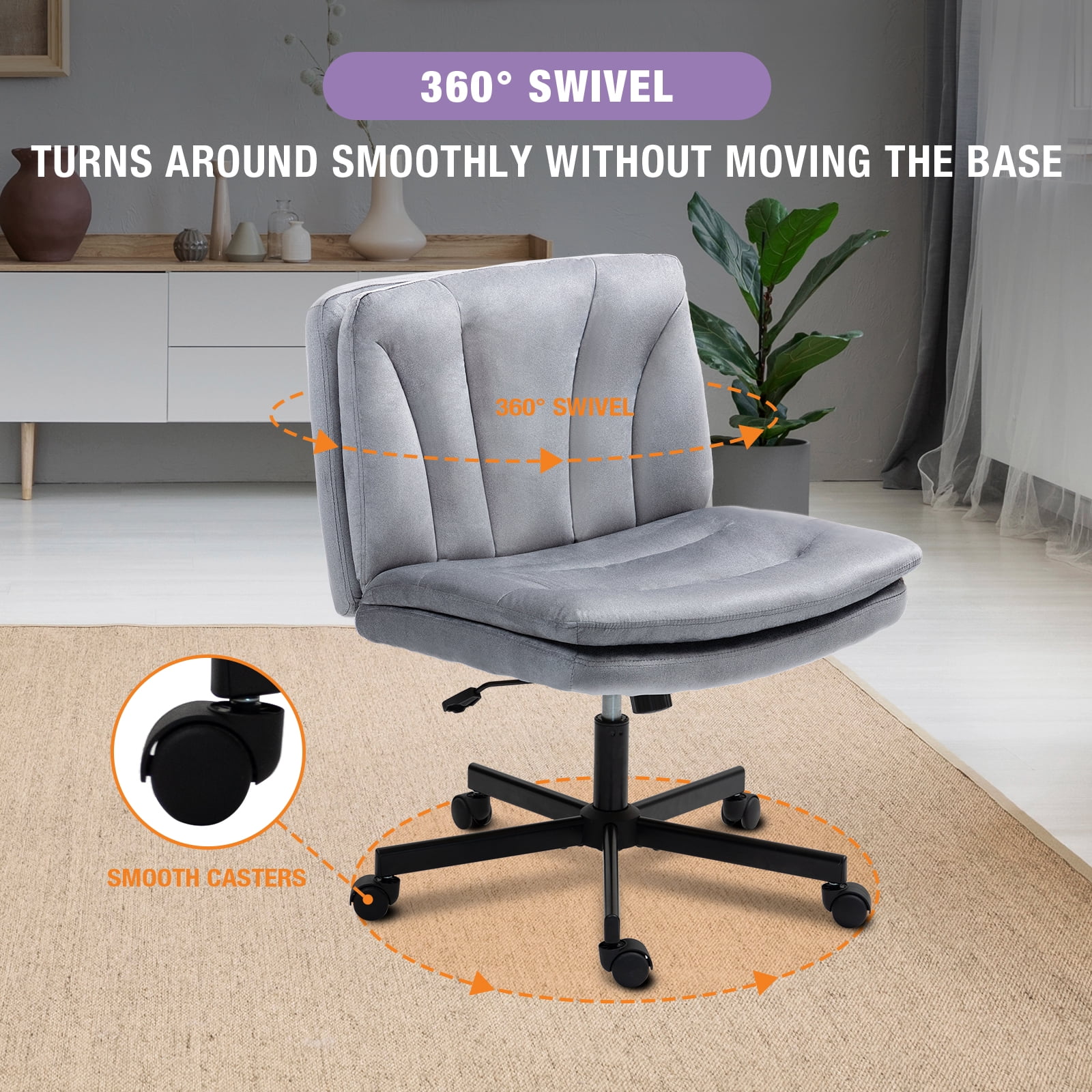 Criss Cross Legged Chair Ergonomic Home Office Desk Chair with Casters, Armless Wide Comfy Computer Task Seat Swivel Rolling Vanity Chair with Height Adjustable and Rocking Function, Gray