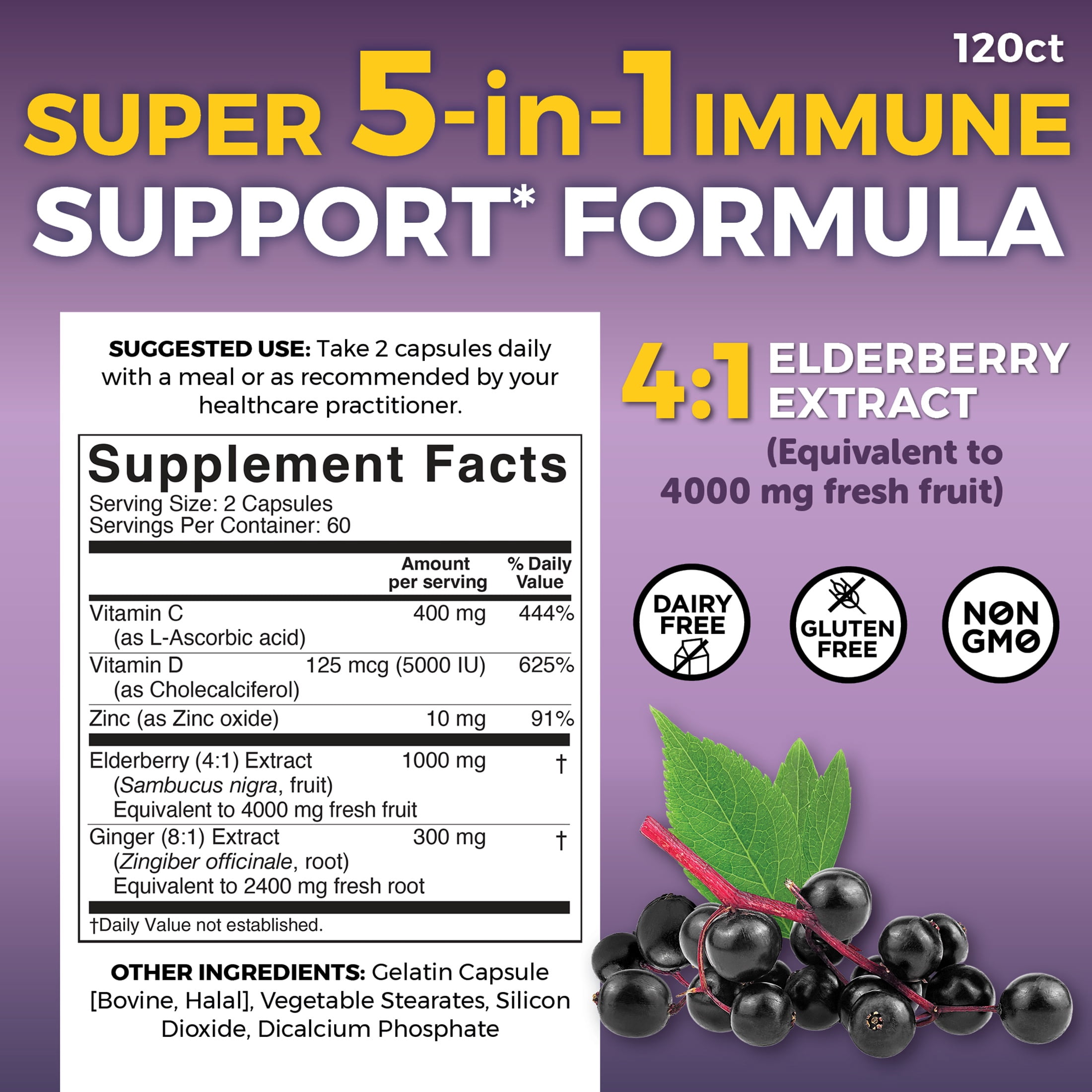 Viva Naturals Elderberry, Vitamin C + Zinc, 120 Capules