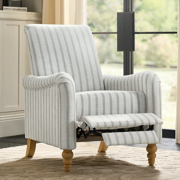 Farmhouse Push-Back Recliner with Rolled Armrests Solid Wood for Rustic Home Living Room Lounge Chair Stripe