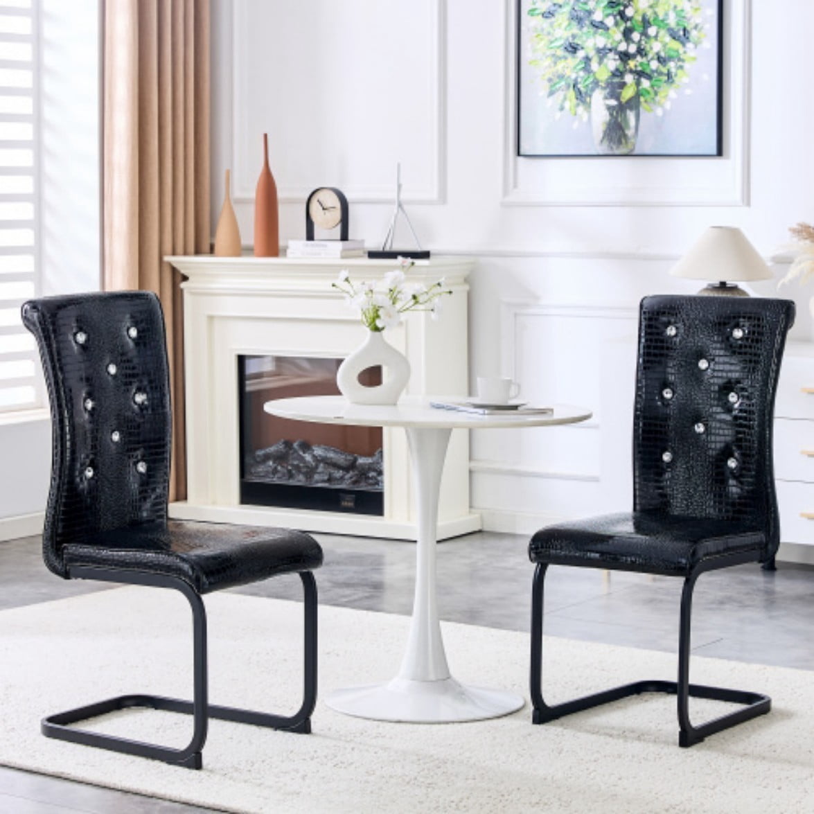 Set of 2 Retro Dining Chairs, Faux Alligator Leather Upholstered Chairs with Crystal Button Details & Metal Bow Legs, 400 LBS, Black & Black