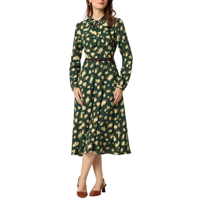 INSPIRE CHIC Robe Midi en Mousseline pour Femme à Fleurs avec Nœud, Col en V, Manches Longues, Ceinturée, TP, Vert