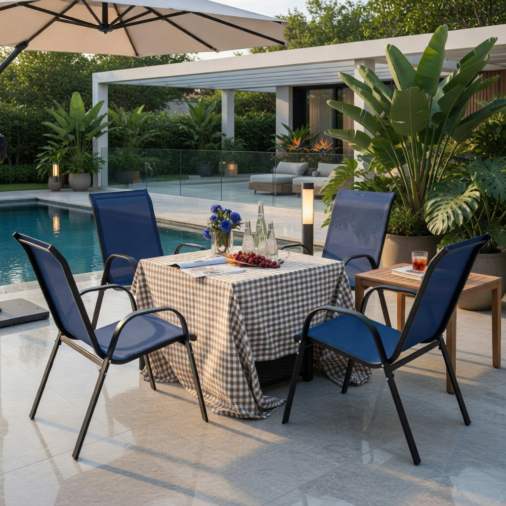 Hommoo 4-Pack Stackable Patio Dining Chairs, Ergonomic Armrests & Breathable Mesh Fabric, Outdoor Mesh Chairs for Deck, Patio, or Balcony, Navy