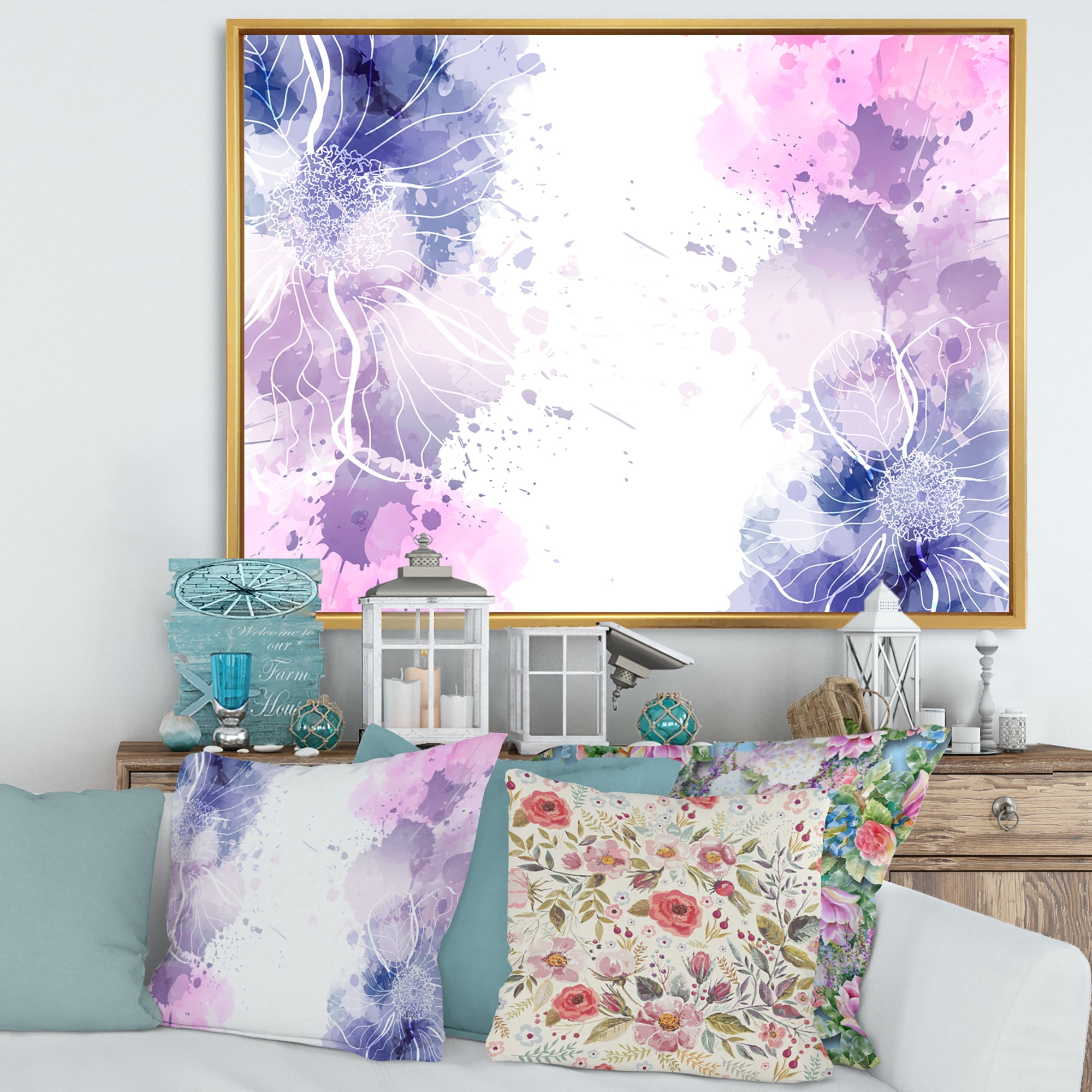 Designart 'Pink and Purple Abstract With Colorful Splashes I' Modern Framed Canvas Wall Art Print