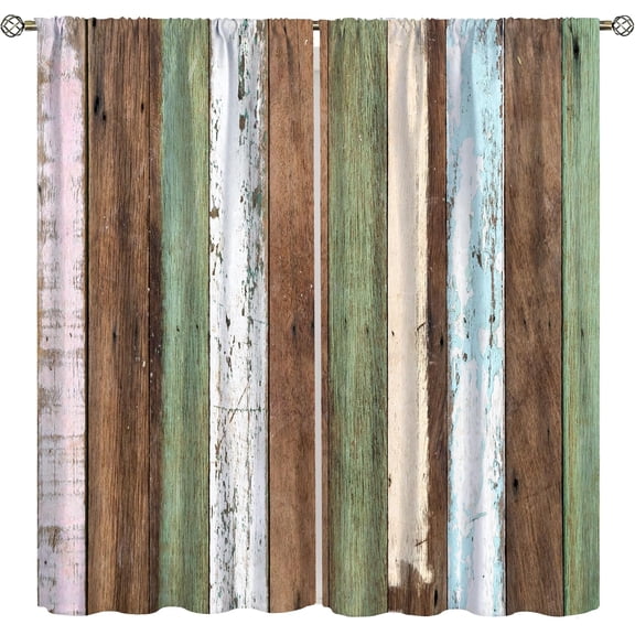 Rustic Country Farmhouse Kitchen Window Curtains,Vintage Green Old Plank Background Western Style Living Room Bedroom Window Curtains 42x54 Inch