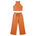 thumbnail image 4 of Women's 2 Piece Outfit Textured Crinkle Fabric Halter Sleeveless Crop Top Drawstring Wide Leg Pants Summer Vacation Casual Matching Set Orange, 4 of 9