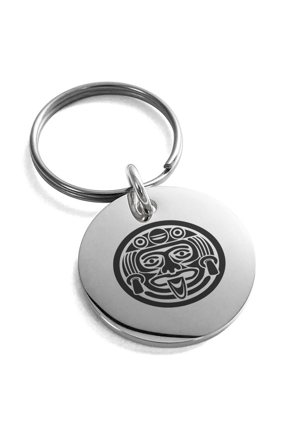 Stainless Steel Aztec Mask Rune Engraved Small Medallion Circle Charm Keychain Keyring