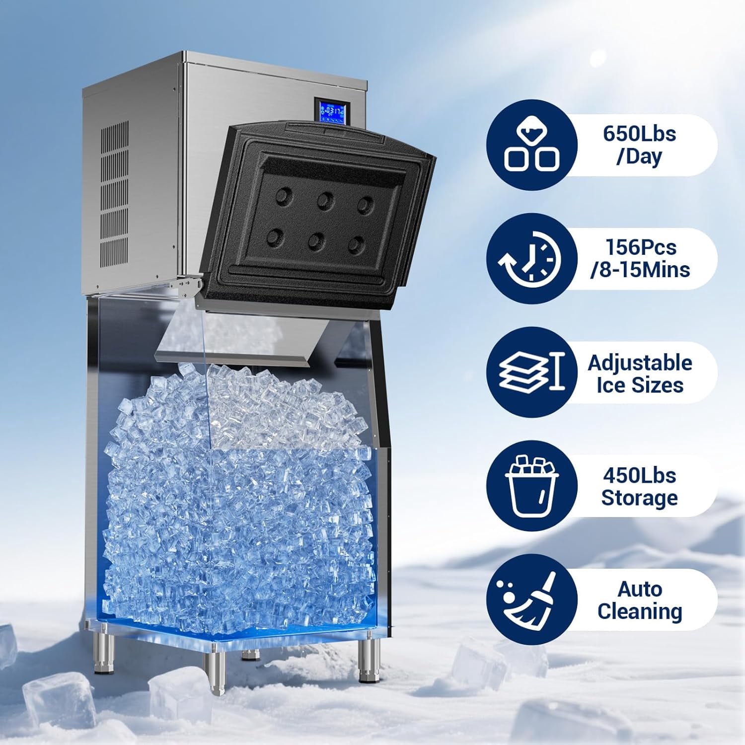 XUTUMM Commercial Ice Machine, 650Lbs/24H, ETL Approved, Auto-Cleaning Stainless Steel Ice Maker for Bars & Restaurants