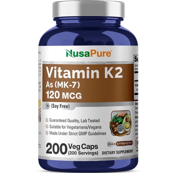 NusaPure Vitamin K2 MK7 120 mcg, 200 Veggie Capsules Non-GMO, Vegan, Dietary Supplement for Unisex Adult Health & Wellness