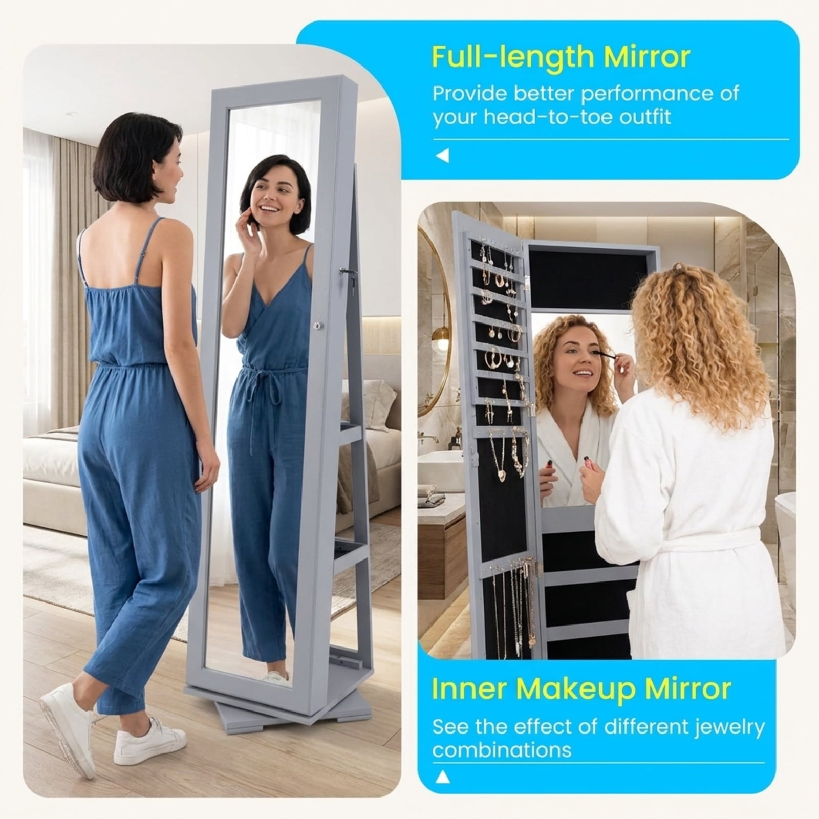 Furnibear 360° Rotatable 2-in-1 Lockable Jewelry Cabinet with Full-Length Mirror for Bedroom Dressing Room Jewelry Necklace Rings Storage Mirror, Gray