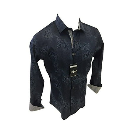 Men's Barabas Designer Woven Dress Shirt Grey With Blue Paisley Design Button Up Slim Fit (Best Designer Slim Fit Suits)