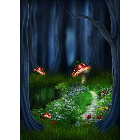 ABPHOTO 5x7ft Photography Backdrop Fairytale Forest Green Grass Red Mushroom Dark Trees Backdrops for Photo Shoots Lovers Party Game Adult Kids Baby