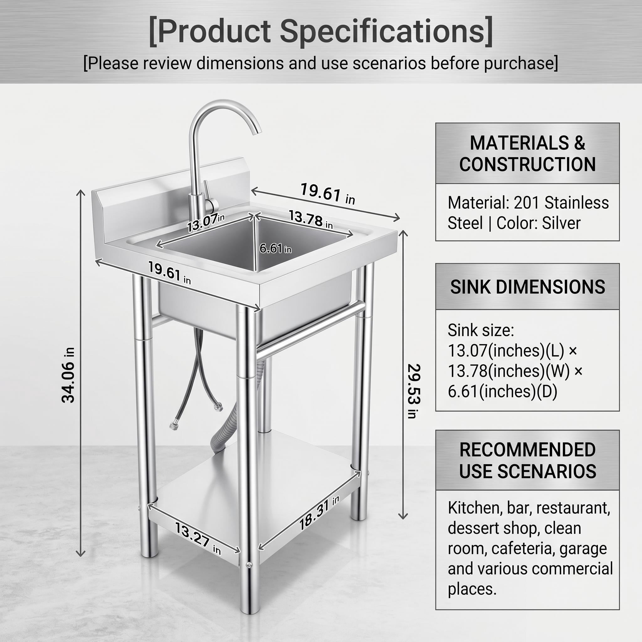 Freestanding Stainless Steel Single Bowl Laundry Sink, Brushed Finish Deep Basin with Backsplash, Hot Cold Water Faucet and Storage Shelf, Heavy Duty for Laundry Room and Garage Use