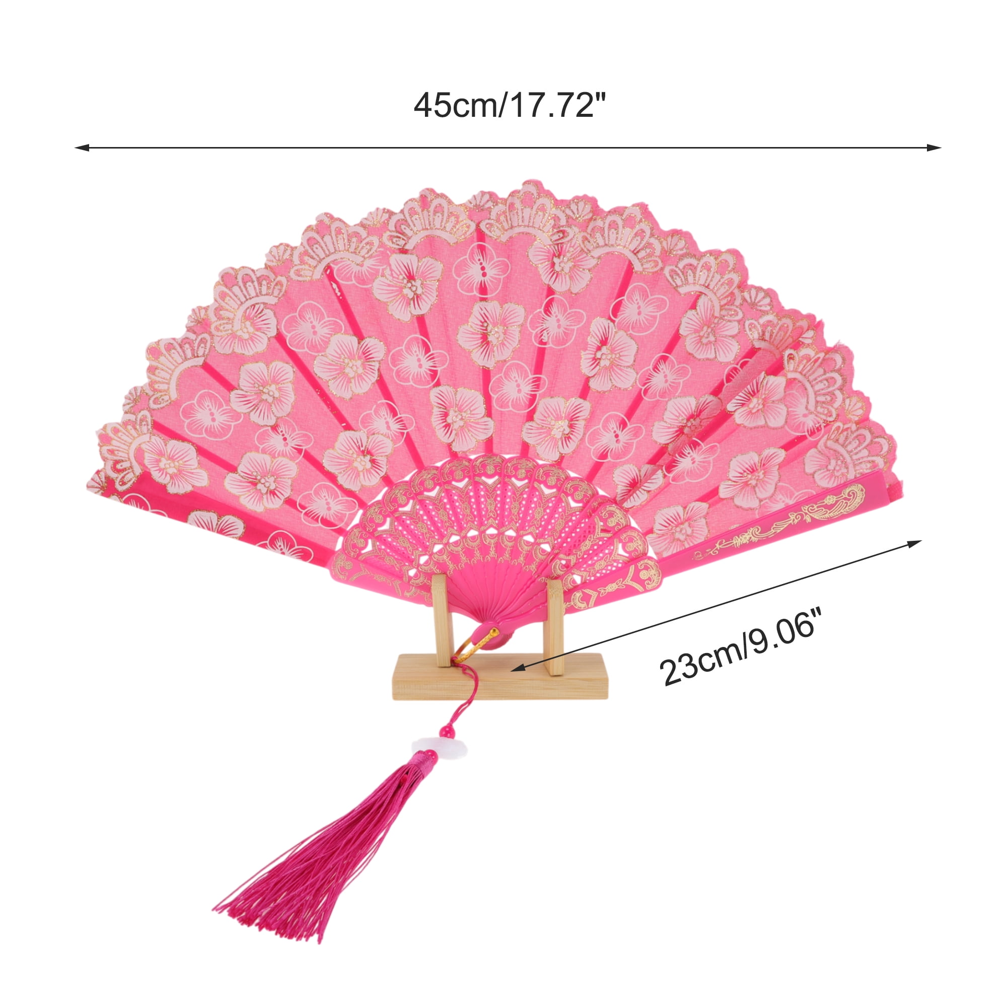 Unique Bargains Elegant Cherry Blossom With Tassel Folding Fan 1 Pc Rose Red